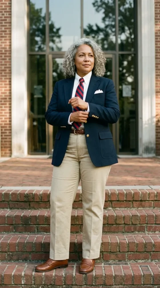 Curvy woman in a navy blazer, striped tie and khakis in a formal frat boy outfit for spirit week