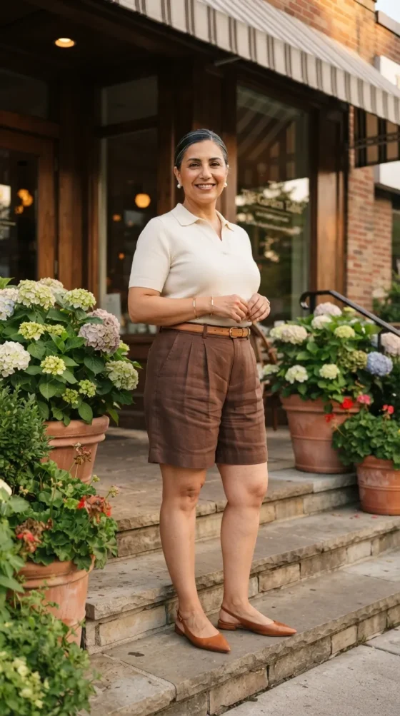 Woman in chocolate pleated shorts, cream knit polo, and cognac flats dressed for a family dinner]