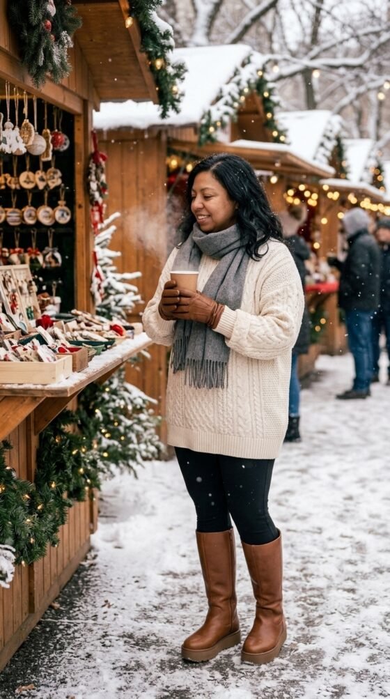 Woman in chestnut tall platform Ugg boots, black leggings and cream sweater at a holiday market