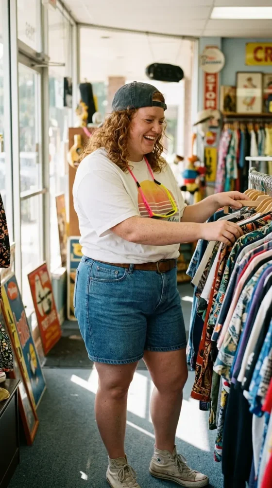 Plus-size woman in a boxy tee, jean shorts and backward cap in a budget frat boy outfit for spirit week