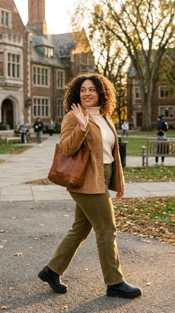 Woman in olive corduroy pants, tan suede jacket and black platform Ugg boots on a campus quad