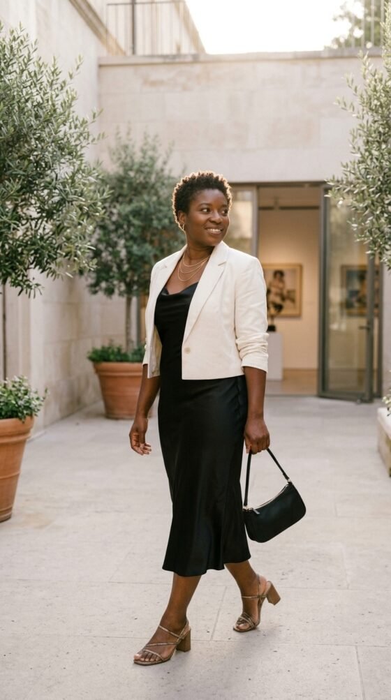 Black satin slip dress with ivory cropped blazer, Y2K elegant dinner outfit