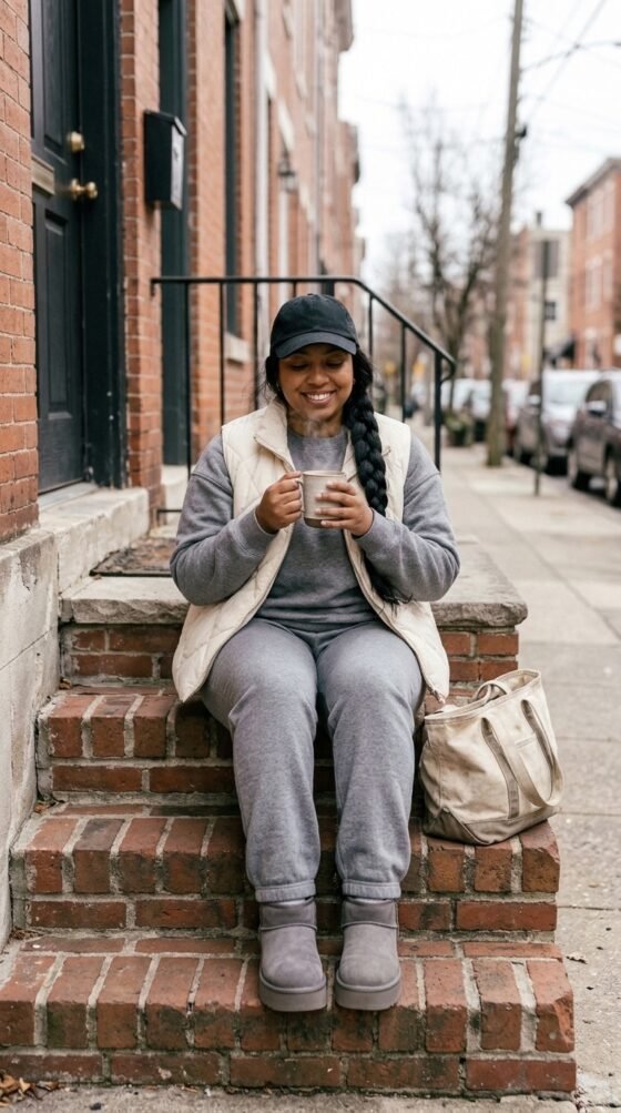 Woman in a gray sweat set, cream vest and gray platform Ugg boots holding coffee on a stoop