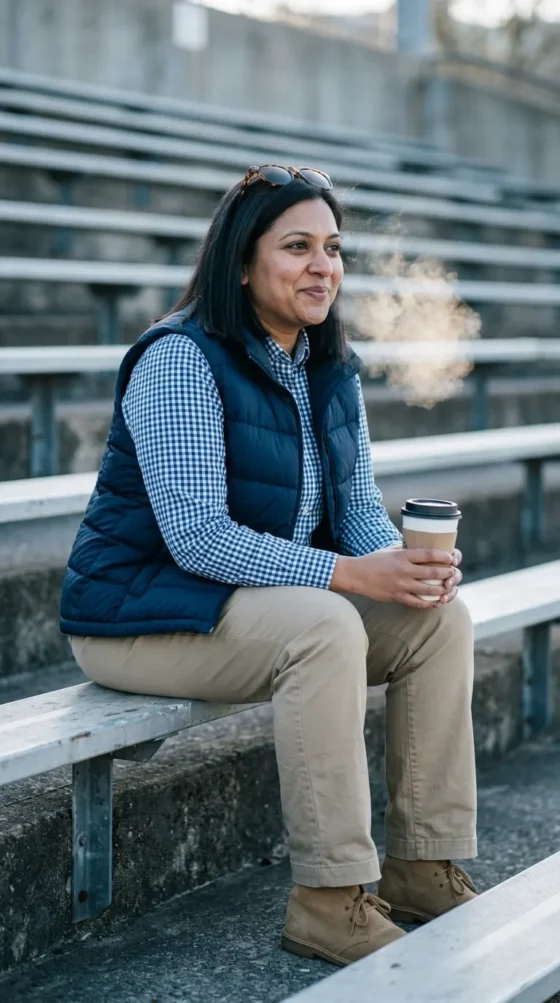 Woman in a navy puffer vest, gingham shirt and chinos in a cold-weather frat boy spirit week outfit