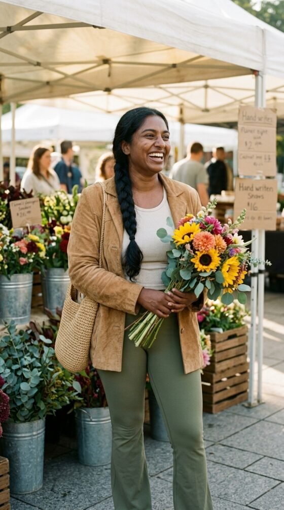 Woman in olive flared leggings, tan suede jacket and clogs at a farmers market