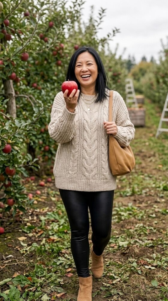 Woman in faux leather leggings, oatmeal cable-knit sweater and suede boots in an orchard