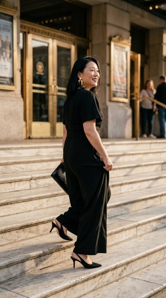 Plus-size woman in a black tailored jumpsuit and gold earrings, an elegant evening outfit over 40