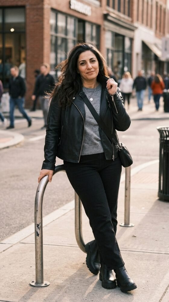 Woman over 40 in a burgundy velvet blazer and black wide-leg trousers, an elegant holiday outfit
