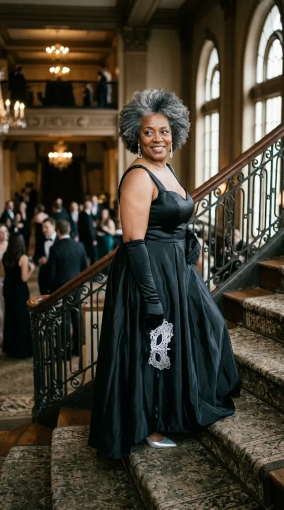 Woman in a black satin ballgown and silver mask, a masquerade-style Royale High Halloween outfit