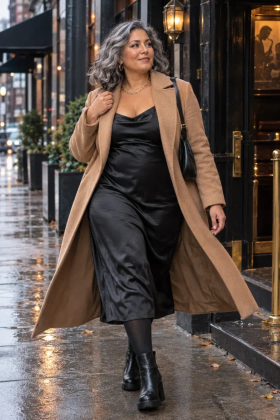 Woman in a satin slip dress, long camel coat and lug-sole boots for a cold fall night out