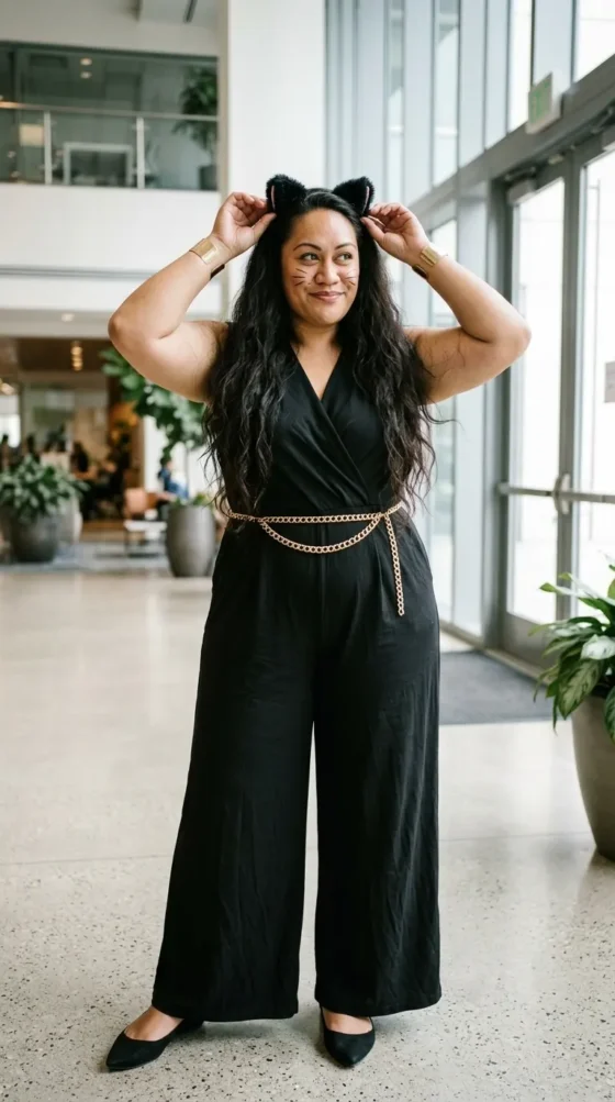 Plus-size woman in a black wide-leg jumpsuit and cat ears, a black cat Royale High Halloween outfit