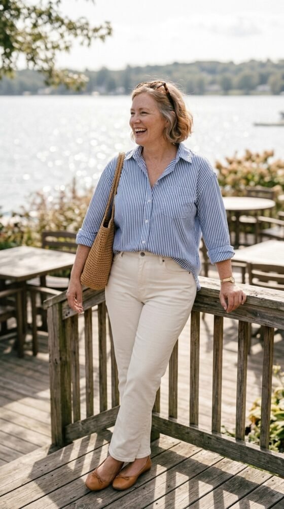 Curvy woman in a striped button-down and white jeans, a fresh classy outfit for women over 40