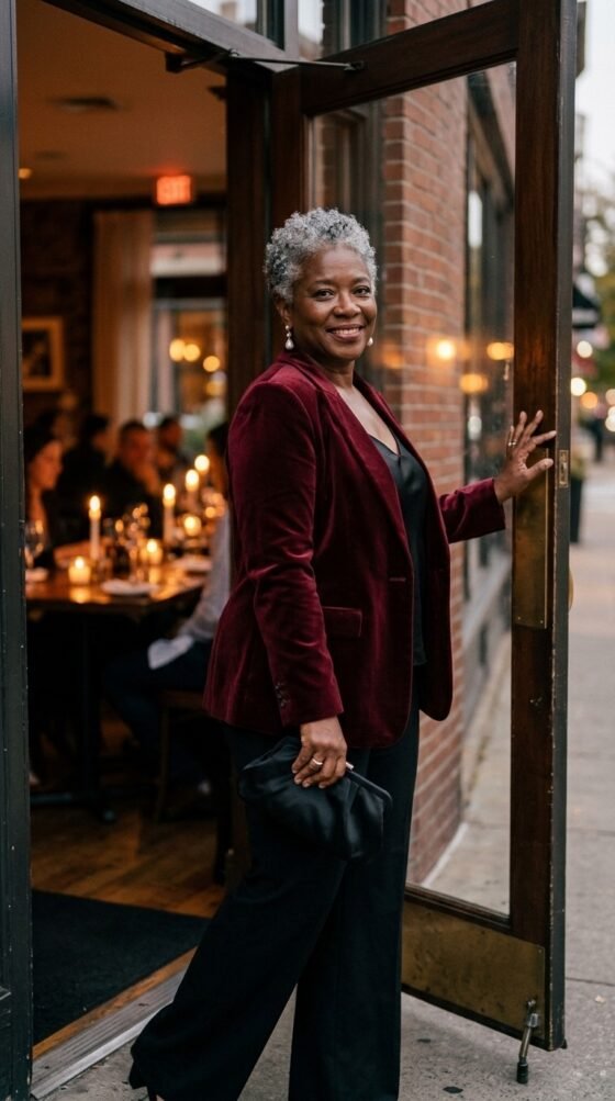 Woman over 40 in a burgundy velvet blazer and black wide-leg trousers, an elegant holiday outfit