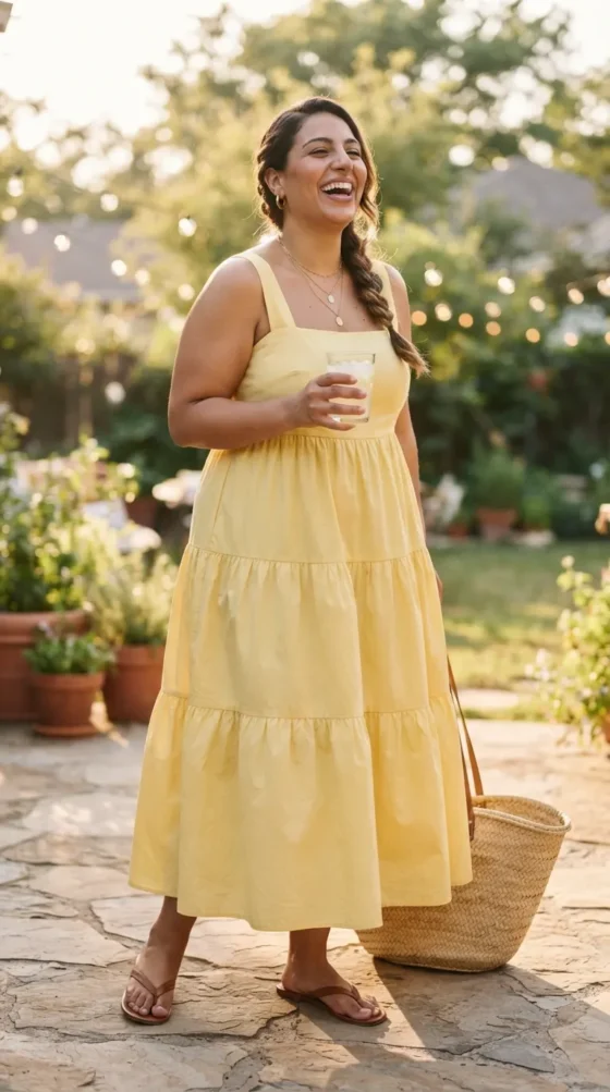 Plus-size pear-shaped woman in butter yellow tiered maxi dress at a graduation party