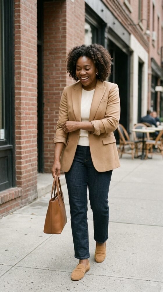 Woman over 40 in a camel blazer, cream top and dark straight jeans, a stylish classy outfit
