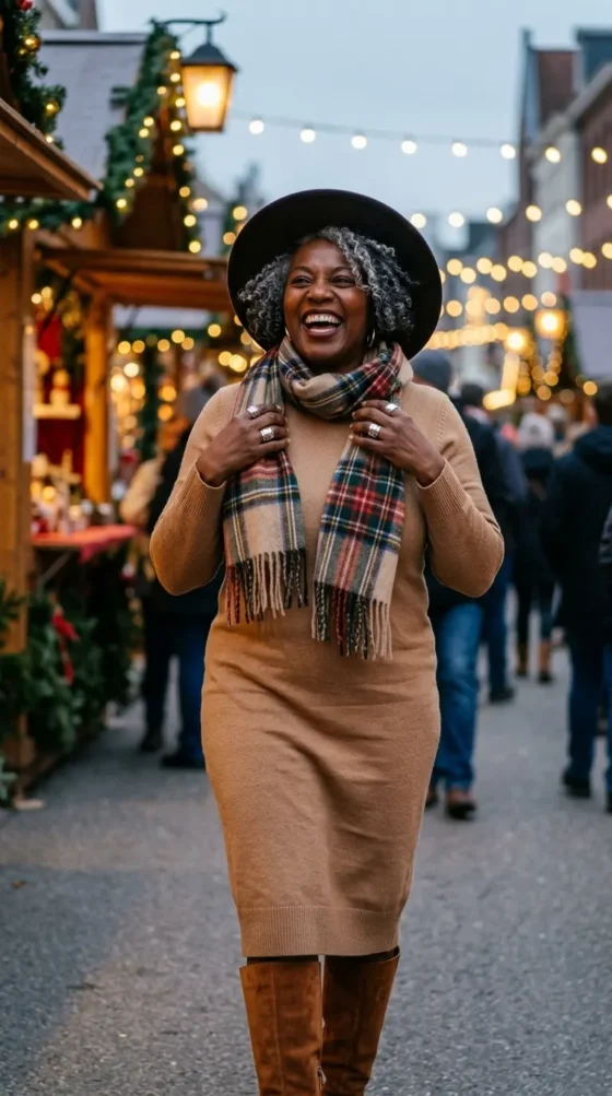 Woman in a camel sweater dress, tall suede boots, and felt hat, a winter boho outfit for women in their 40s