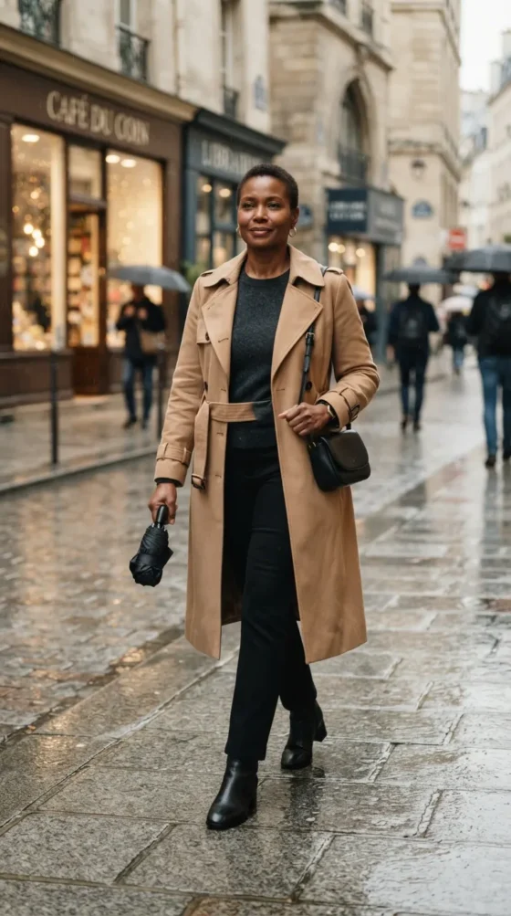 Midsize woman in camel trench coat and black boots on a rainy graduation day