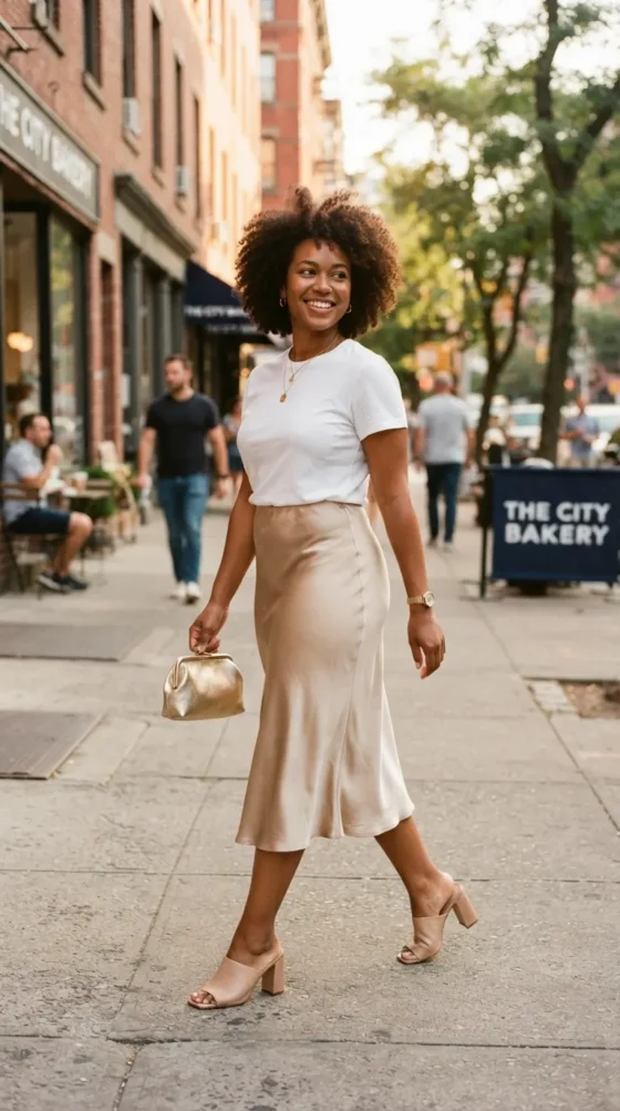 Plus-size woman in champagne satin midi skirt and white tee for graduation day