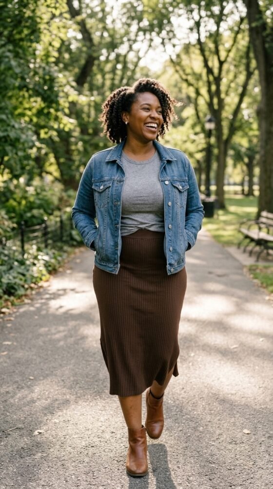 Curvy woman in olive satin midi skirt and ivory sweater, an elegant dinner outfit for women over 40