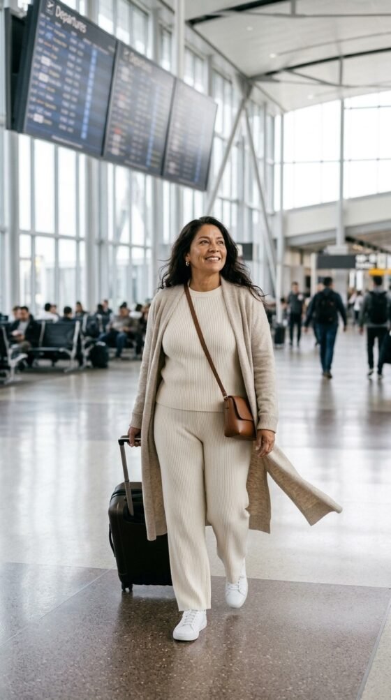Midsize woman in a cream knit set and long cardigan, a comfortable elegant travel outfit over 40