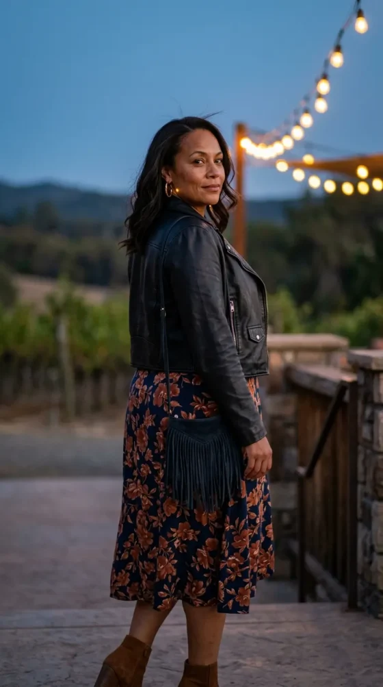 Woman in a floral wrap midi dress with a leather jacket, a romantic boho date night look over 40