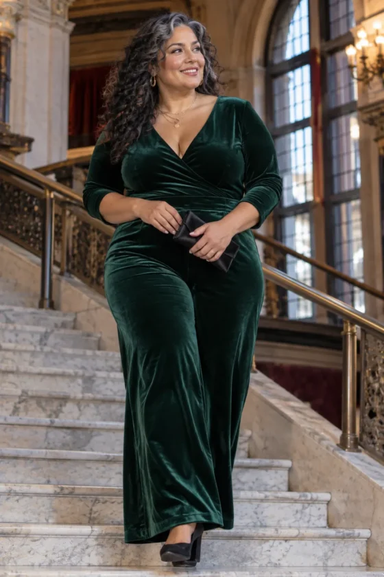 Curvy woman in a forest green velvet wide-leg jumpsuit for a dressy fall dinner or theater night