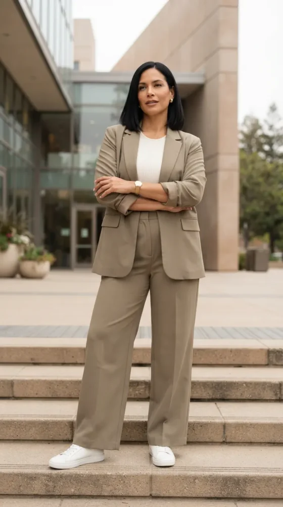 Midsize woman in khaki wide-leg trouser set and white sneakers on campus