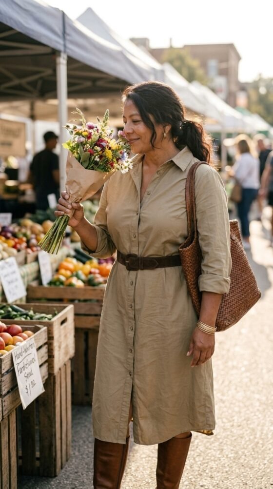 Woman over 40 in a belted khaki shirtdress and brown boots, a stylish modern preppy outfit