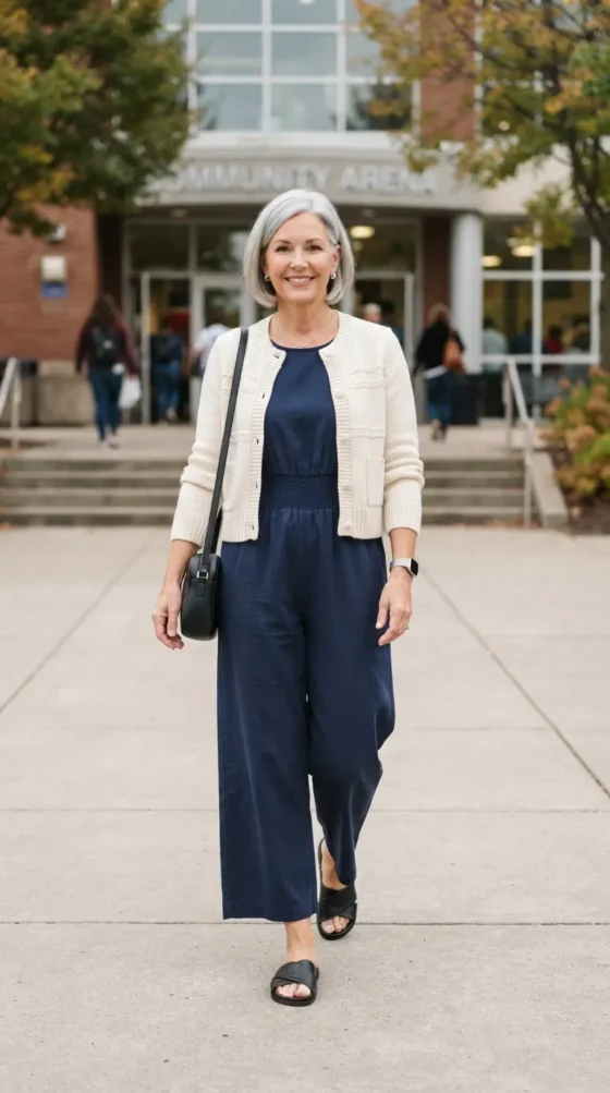 Apple-shaped woman in navy wide-leg jumpsuit and cream cardigan at graduation
