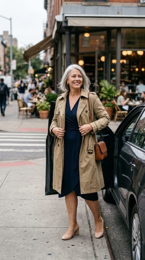 Woman over 40 in a navy wrap midi dress and khaki trench coat, a classy brunch outfit]