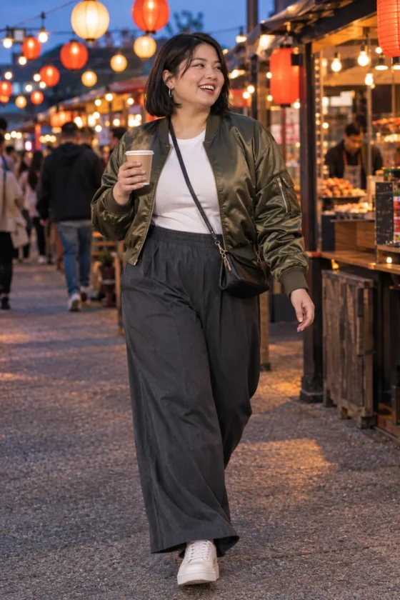 Plus-size woman in pleated wide-leg pants, satin bomber and platform sneakers at a fall night market