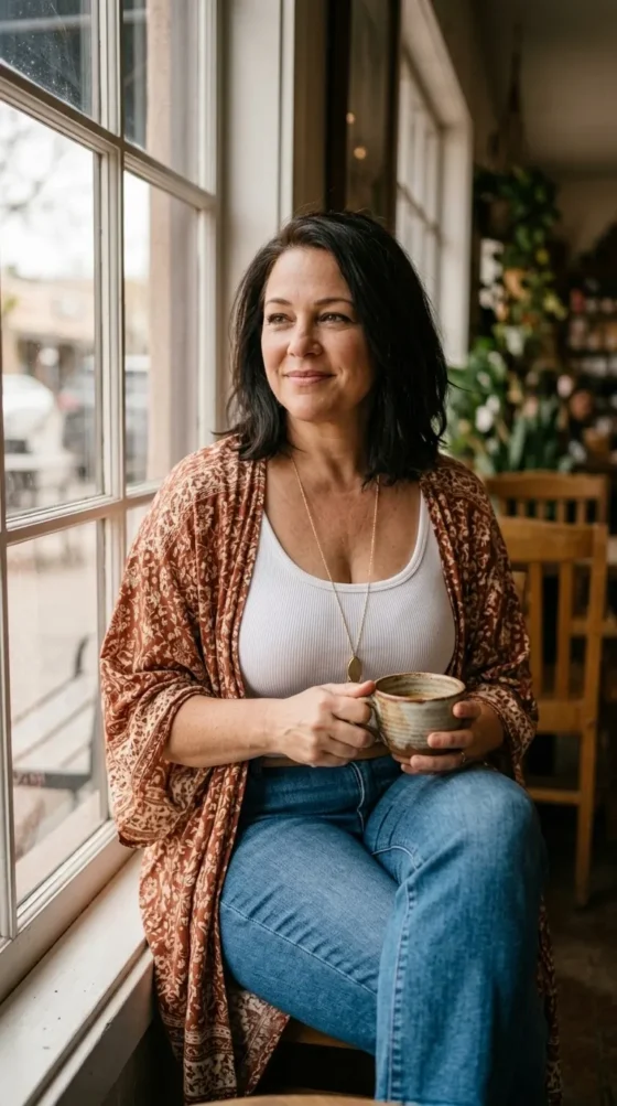 Woman wearing a kimono cardigan over a tank with straight jeans, an easy boho outfit over 40