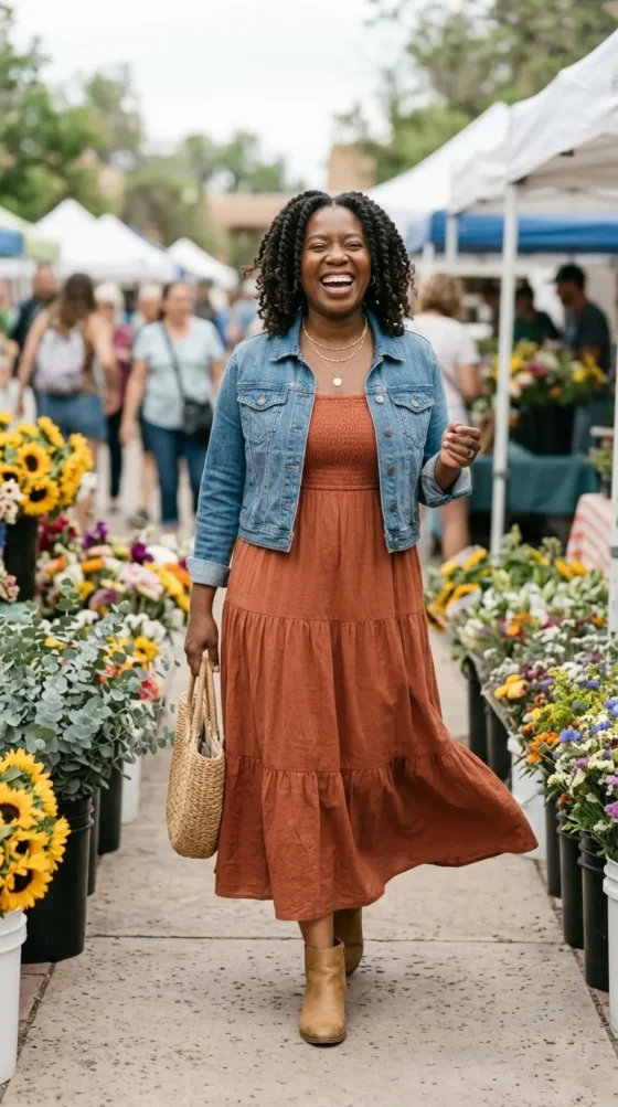 Woman in a rust tiered maxi dress and denim jacket, a easy boho outfit for women in their 40s