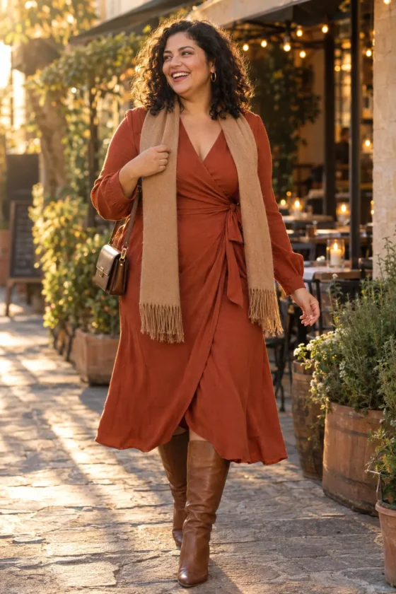 Curvy woman in a rust wrap midi dress and cognac knee-high boots for a fall dinner date