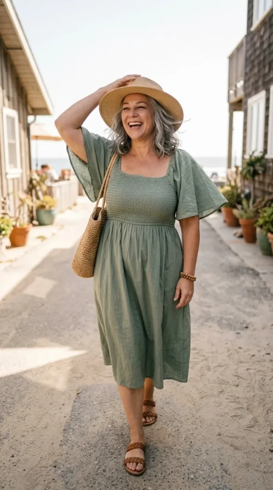 Woman in a sage smocked sundress and straw hat, a cool summer boho outfit for women over 40