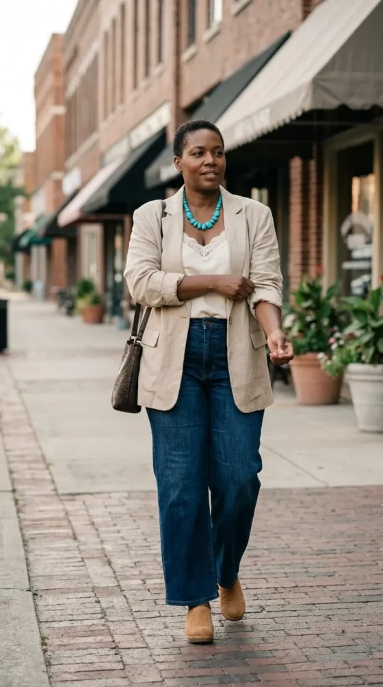 Woman in a linen blazer with wide-leg jeans, a smart boho outfit for women over 40