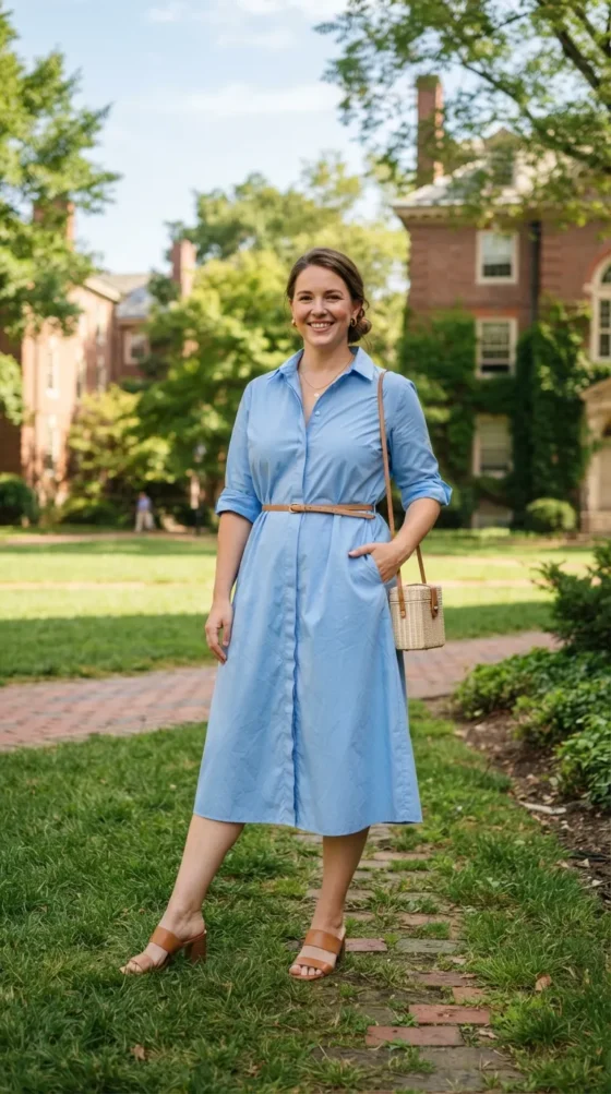 Curvy woman in a sky blue shirtdress and tan sandals at a graduation ceremony