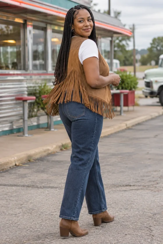 Woman in a suede fringe vest with straight jeans and boots, a retro boho outfit for women over 40