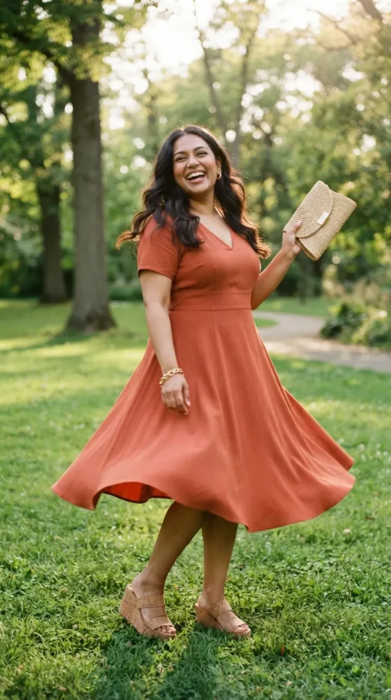 Curvy woman in terracotta fit-and-flare dress and wedge sandals on a lawn
