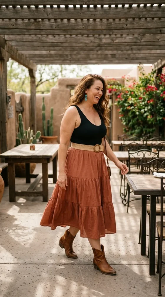 Woman in a tiered midi skirt, bodysuit, and western boots, a romantic boho look for women over 40