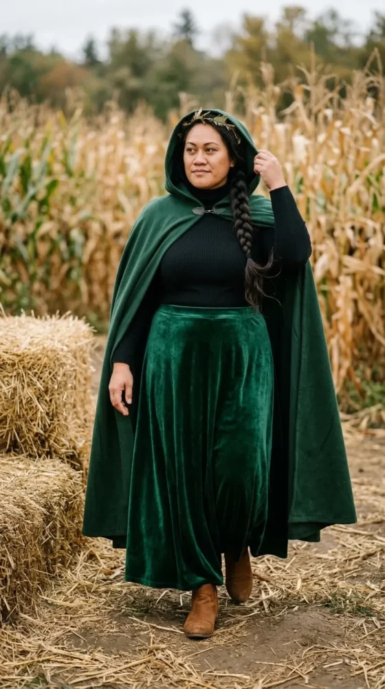 Woman in an emerald velvet skirt and green cloak, an enchanted sorceress Royale High Halloween outfit