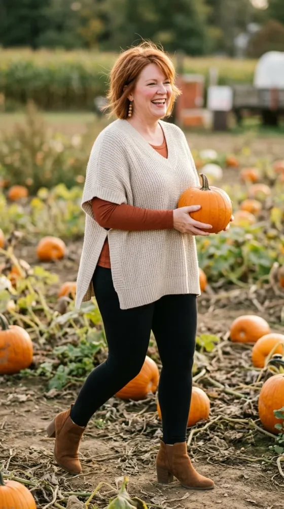 Woman in a knit poncho with leggings and ankle boots, a cozy fall boho outfit over 40