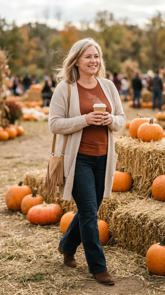 Woman in a long waffle-knit cardigan, bootcut jeans, and suede boots, a fall boho look for women over 40