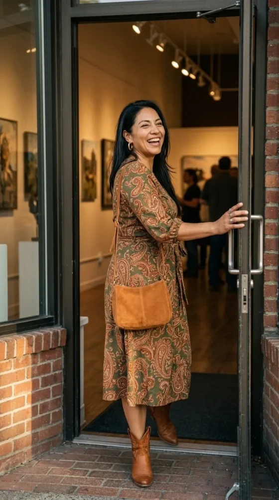 Woman in a paisley wrap midi dress and western boots, a boho dress idea for women in their 40s