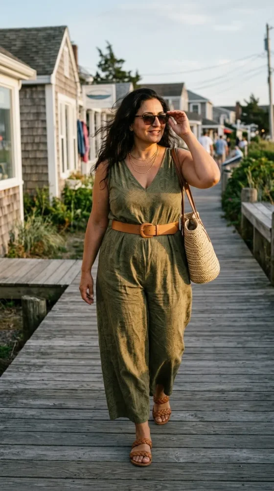 Woman in an olive printed jumpsuit with a wide tan belt, a one-piece boho outfit for women in their 40s