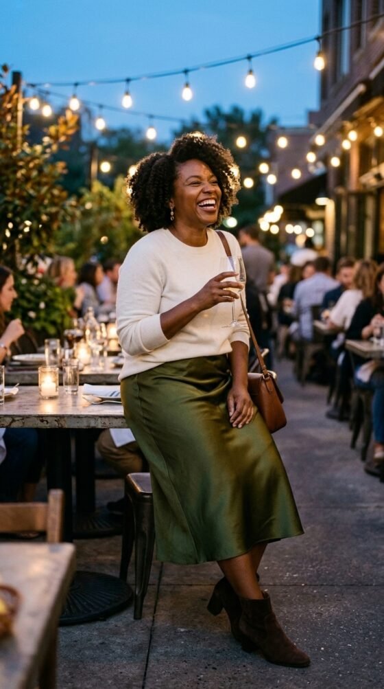 Curvy woman in olive satin midi skirt and ivory sweater, an elegant dinner outfit for women over 40