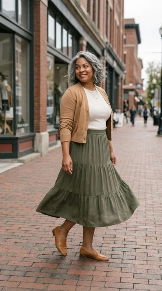 Olive Tiered Midi Skirt and Ribbed Knit for Creative Office Days