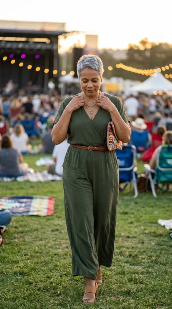 Woman in an olive wide-leg jumpsuit with layered jewelry, a boho evening outfit for women over 40