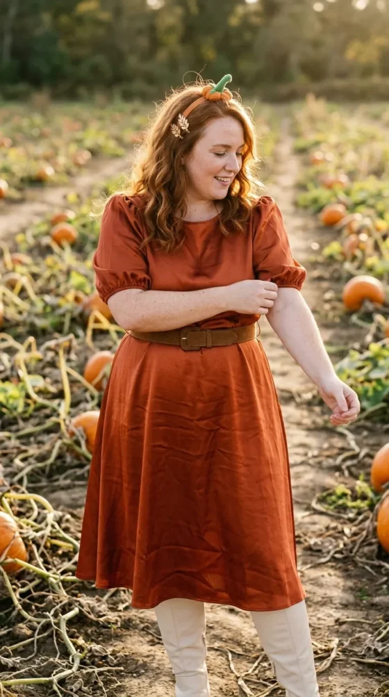 Midsize woman in an orange satin dress with puff sleeves in a pumpkin patch, a cute Royale High Halloween look