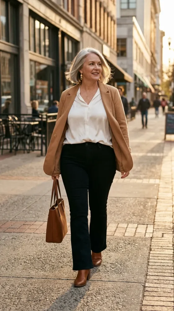 Woman in black bootcut jeans, ivory blouse, and camel blazer, a workday-to-dinner jeans outfit